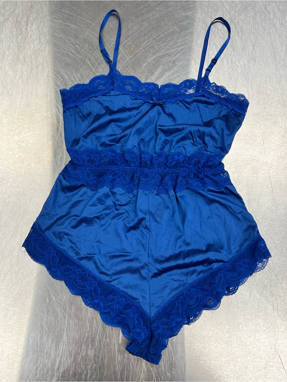 Gotham Royal Blue Lace-Trim Satin Romper Snap Button - Women’s Intimates Small